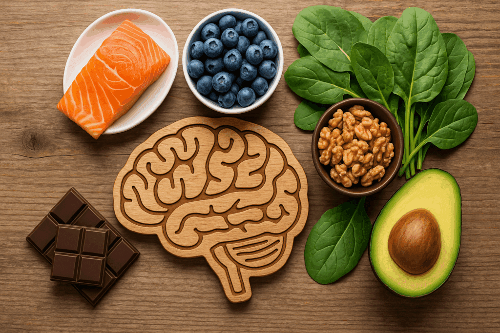 Fresh salmon, blueberries, walnuts, spinach, avocado, and dark chocolate arranged around a brain-shaped cutting board, illustrating healthy foods that support the question "Is the brain a muscle