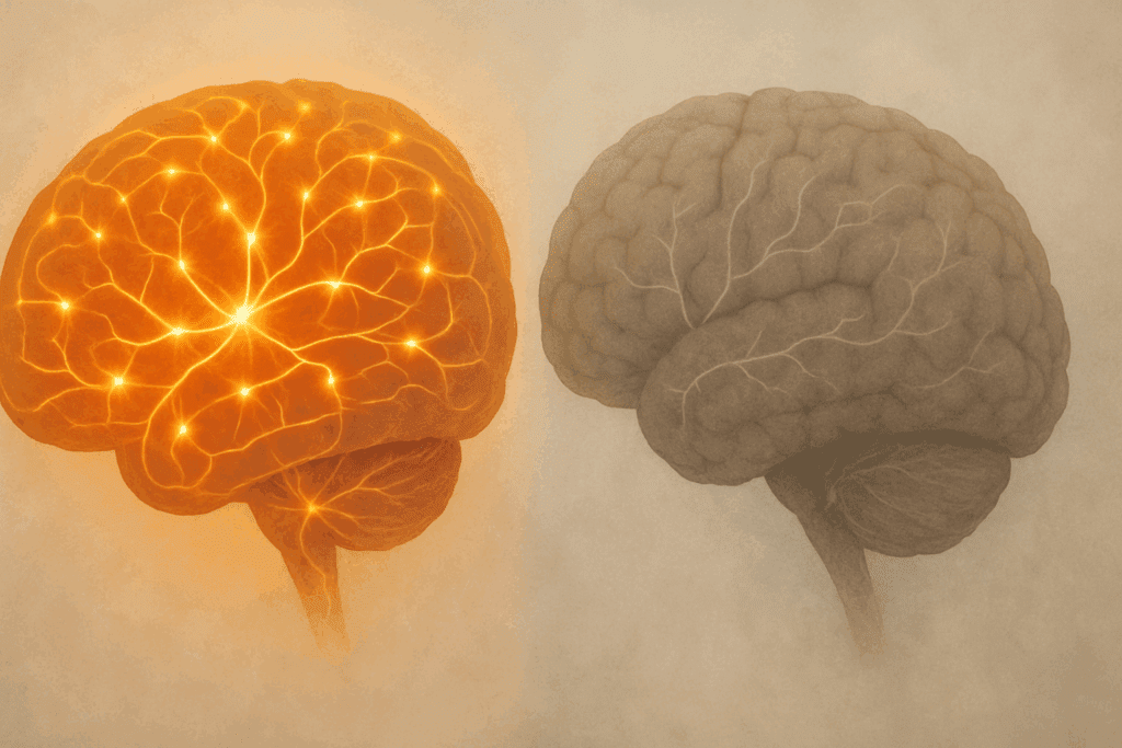 Artistic side-by-side comparison of two human brains symbolizing healthy aging and cognitive decline, exploring the concept 'Is the brain a muscle