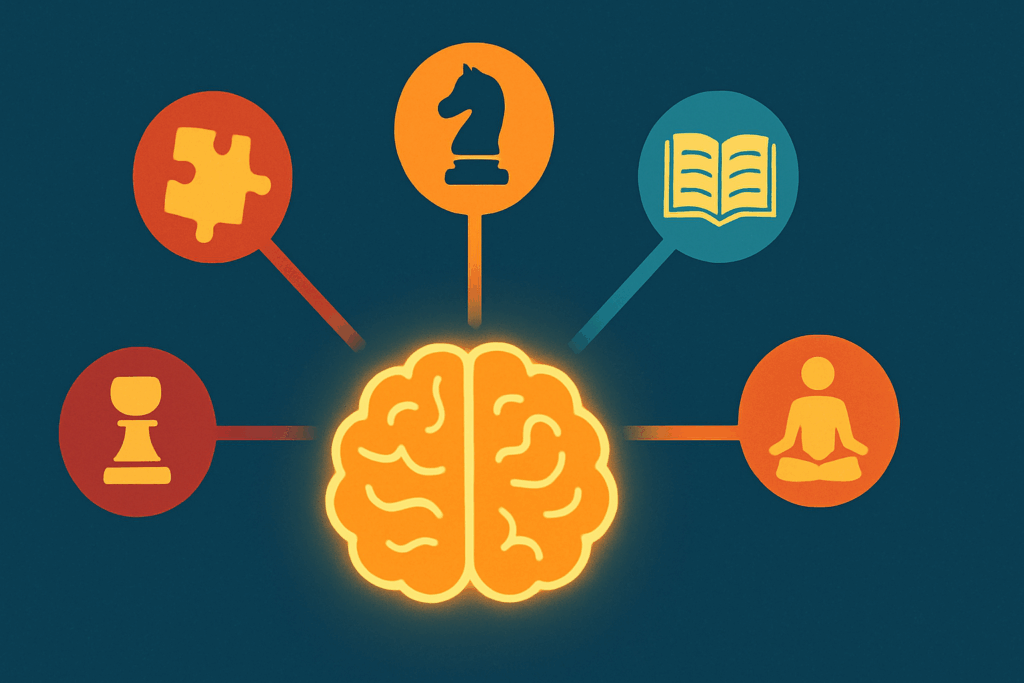Glowing brain at the center of an infographic illustrating cognitive workouts like puzzle solving, chess, language learning, and meditation, exploring the concept of 'Is the brain a muscle'.