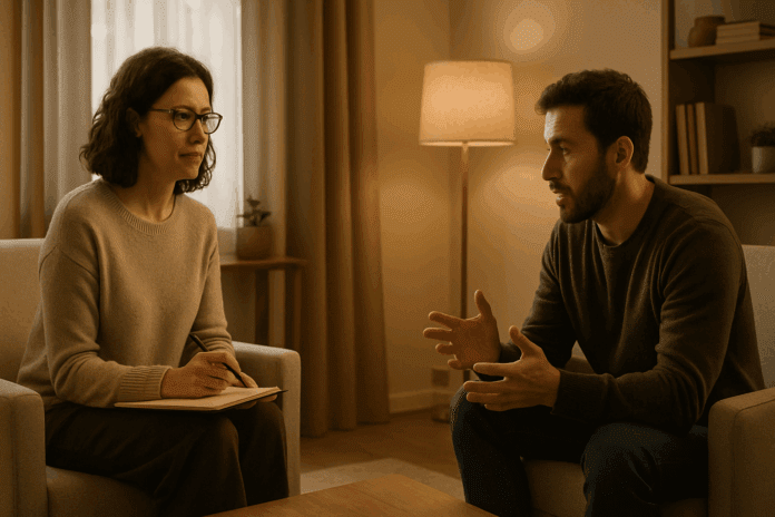 Therapist and client in a warm, serene office during a deep discussion session focused on Psychotherapy and Behavioral Therapy.