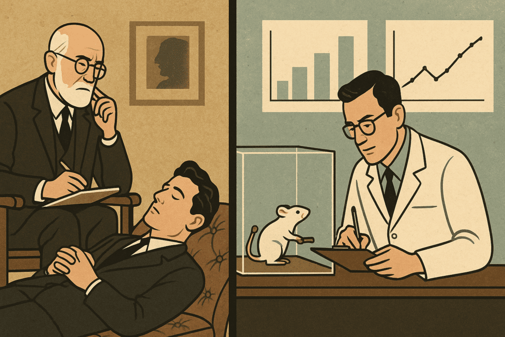 Split illustration of Psychotherapy and Behavioral Therapy history showing Freudian talk therapy on one side and a behaviorist lab experiment on the other