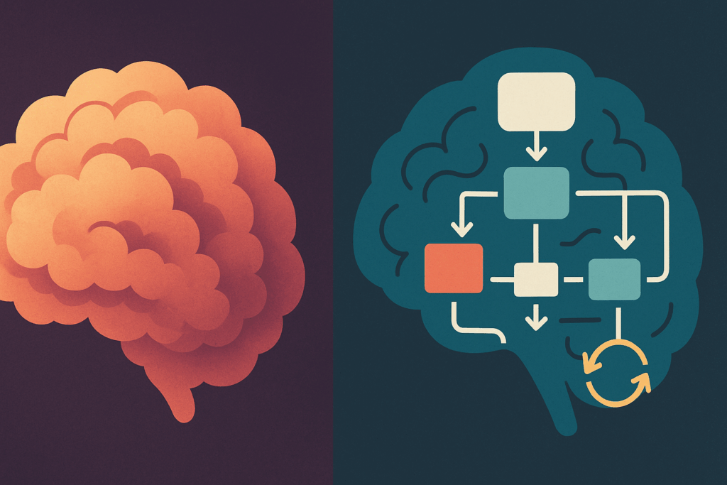 Conceptual illustration comparing brain models of Psychotherapy and Behavioral Therapy, with an abstract, emotional design on the left and a structured, flowchart-based design on the right