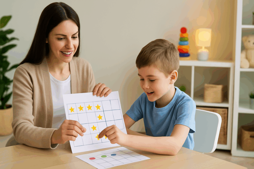 Therapist using a reward chart with a child in a clinical setting, illustrating Psychotherapy and Behavioral Therapy techniques.