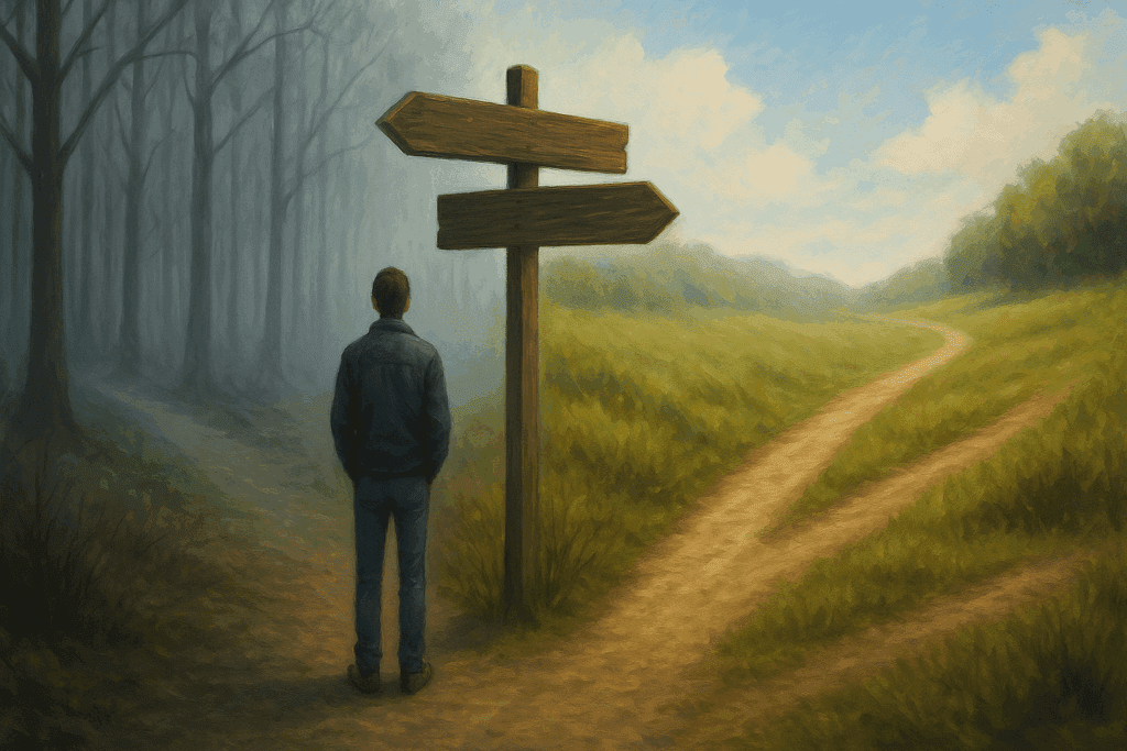 Person standing at a crossroads between a foggy forest path and a clear trail, symbolizing the choice between Psychotherapy and Behavioral Therapy.