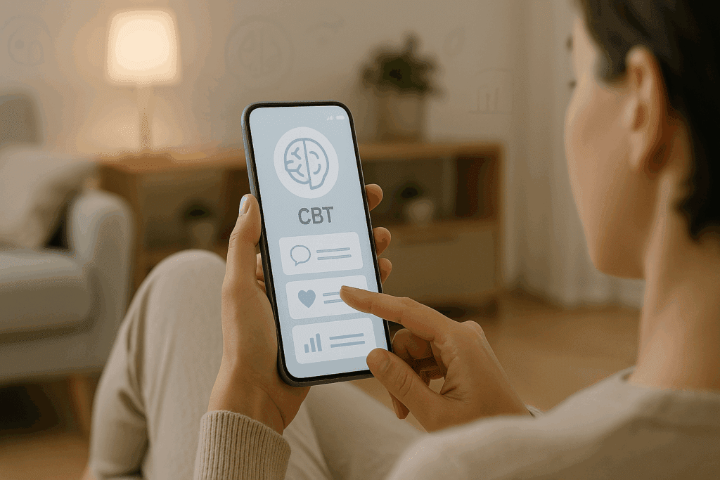 Person using a mobile app for Psychotherapy and Behavioral Therapy in a calm home setting, highlighting digital mental health tools.