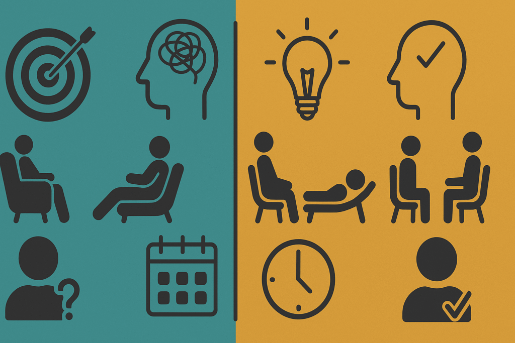 Side-by-side infographic visually comparing psychotherapy and behavioral therapy using icons for goals, methods, timelines, and client needs