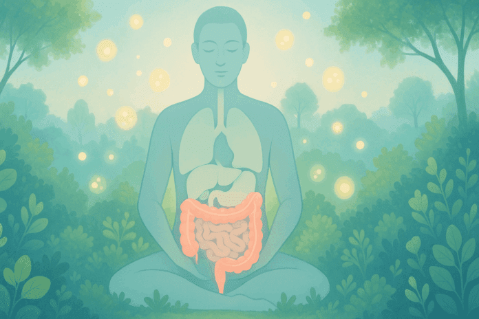 Conceptual landscape showing a meditating human silhouette with a glowing colon, symbolizing recognizing colon problem symptoms early through gut health awareness.