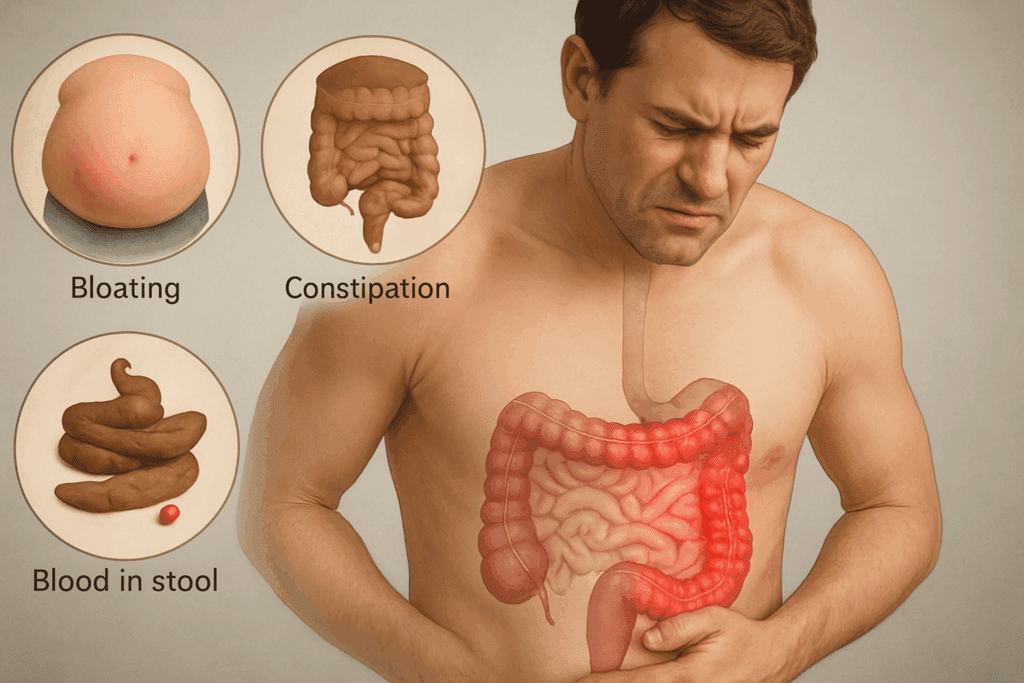Man clutching abdomen in discomfort with inflamed colon illustration, highlighting bloating, constipation, and blood in stool—Recognizing Colon Problem Symptoms Early.