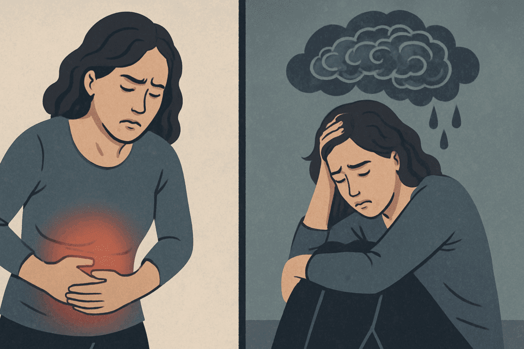 Split illustration of a woman with abdominal pain on one side and emotional distress on the other, symbolizing the importance of recognizing colon problem symptoms early.