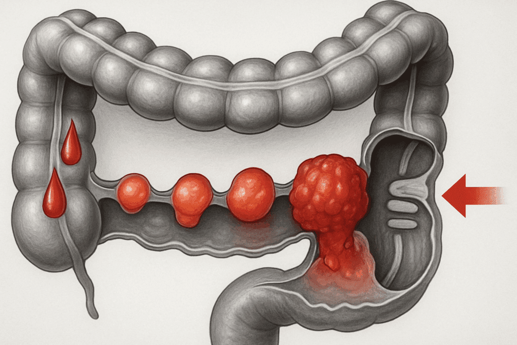 Cross-sectional view of a colon showing polyps turning cancerous with visible blood drops and narrowing stool paths, emphasizing the importance of recognizing colon problem symptoms early.