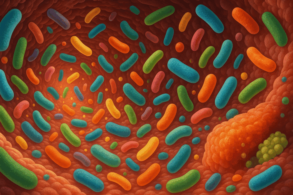 Microscopic-style view of diverse gut microbiota in a healthy colon, illustrating reduced inflammation and nutrient activity—key to recognizing colon problem symptoms early.