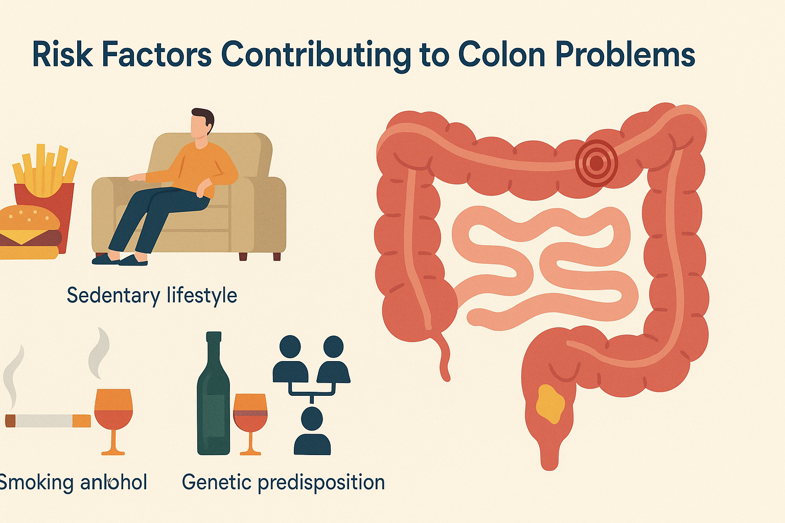 Illustration showing key causes like fast food, inactivity, smoking, and genetics, for recognizing colon problem symptoms early