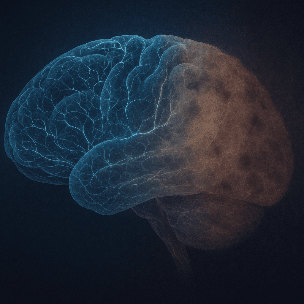 Digital illustration of a brain highlighting neural pathways and areas affected by dementia, demonstrating cognitive decline in regions responsible for memory, focus, and reasoning. This artistic yet scientific depiction symbolizes neurodegeneration and the impact of dementia on brain function through fading neural networks and pathways.