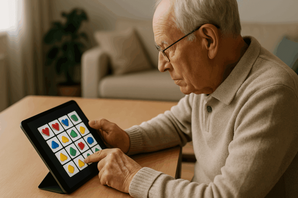 Elderly man engaged in brain exercises for dementia, using a tablet to play a colorful matching puzzle game, focused in a cozy home setting.