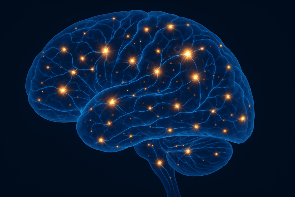 Digital diagram of a brain highlighting neural pathways and synaptic connections to illustrate how brain exercises for dementia stimulate neuroplasticity