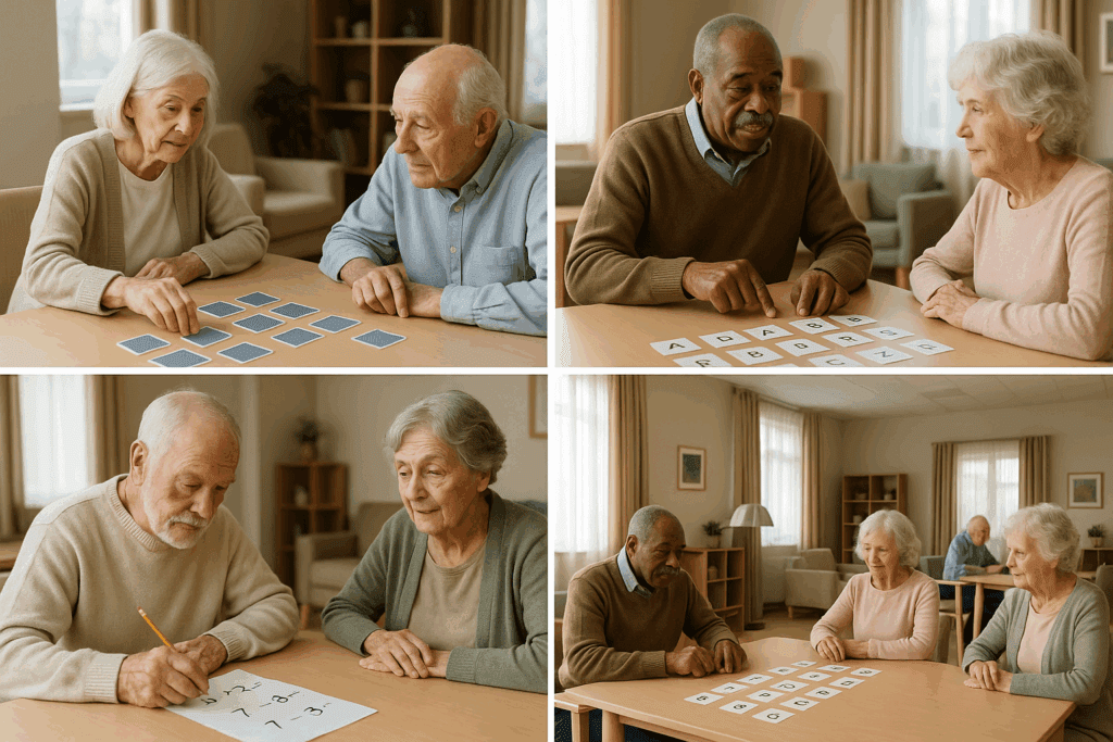 Brain exercises for dementia patients in a community care setting, featuring memory card games, word association tasks, and simple math puzzles as part of a structured therapy routine