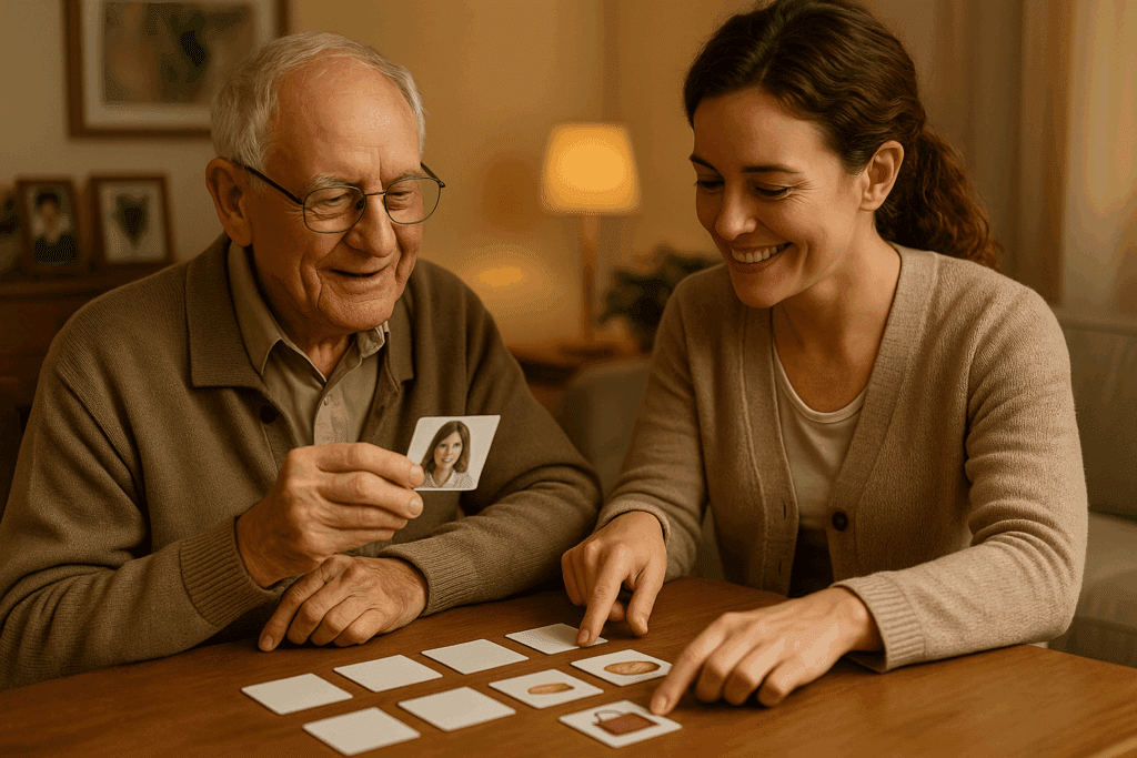 An elderly man playing brain exercises for dementia with a caregiver, using memory game cards to improve recognition of familiar faces and objects in a cozy home setting.