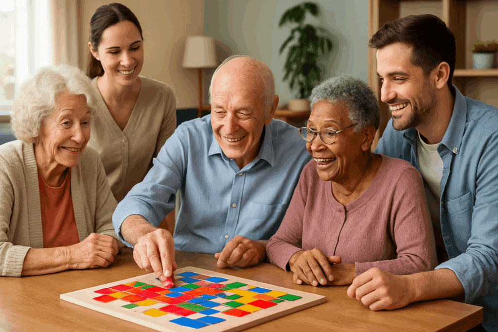 Group of elderly individuals playing a brain game at a memory care center, engaging in cognitive activities to promote brain health and support dementia prevention through brain exercises for dementia.