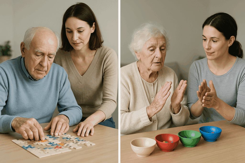 Elderly man doing a puzzle and elderly woman clapping along to a rhythm, demonstrating adapted brain exercises for dementia in a calm therapy setting.