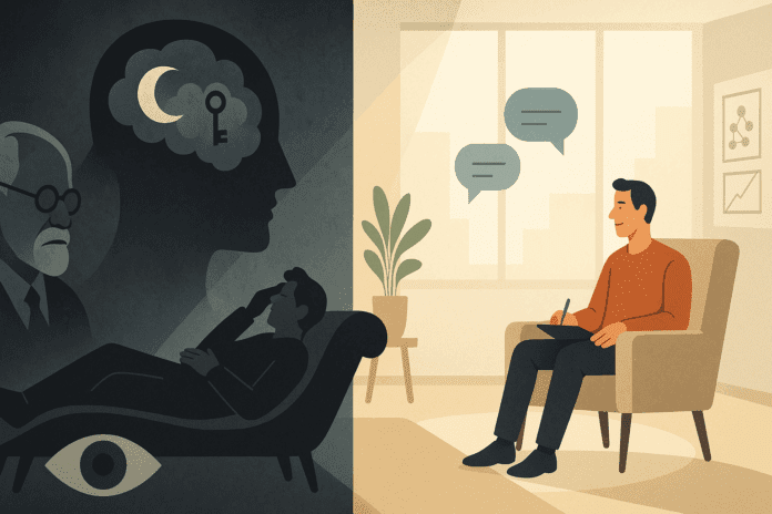 Conceptual illustration showing the evolution of therapy from Freud's introspective analysis to modern CBT, symbolizing the legacy of the founder of behavior therapy