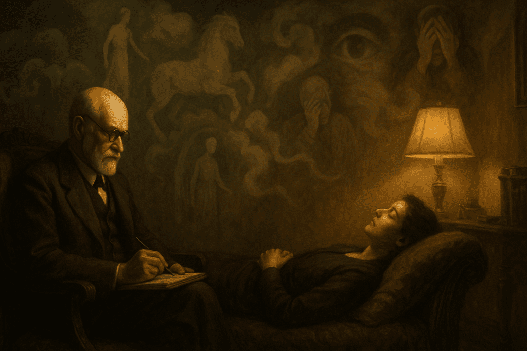 Sigmund Freud conducting psychoanalysis in a vintage clinic, symbolic of the unconscious mind influencing the founder of behavior therapy
