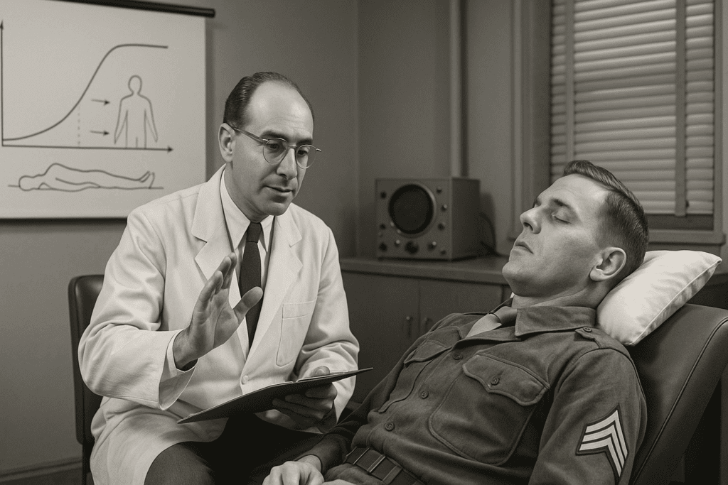 The founder of behavior therapy, Joseph Wolpe, calmly guides a uniformed soldier through relaxation techniques in a 1950s medical clinic.