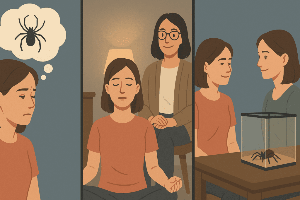 Three-step illustration of systematic desensitization therapy, highlighting techniques pioneered by the founder of behavior therapy.