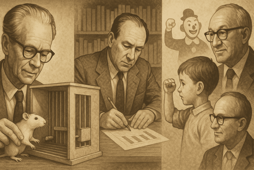 Timeline collage of the founder of behavior therapy B.F. Skinner with a rat and conditioning box, Hans Eysenck analyzing psychological data, and Albert Bandura observing child modeling behavior