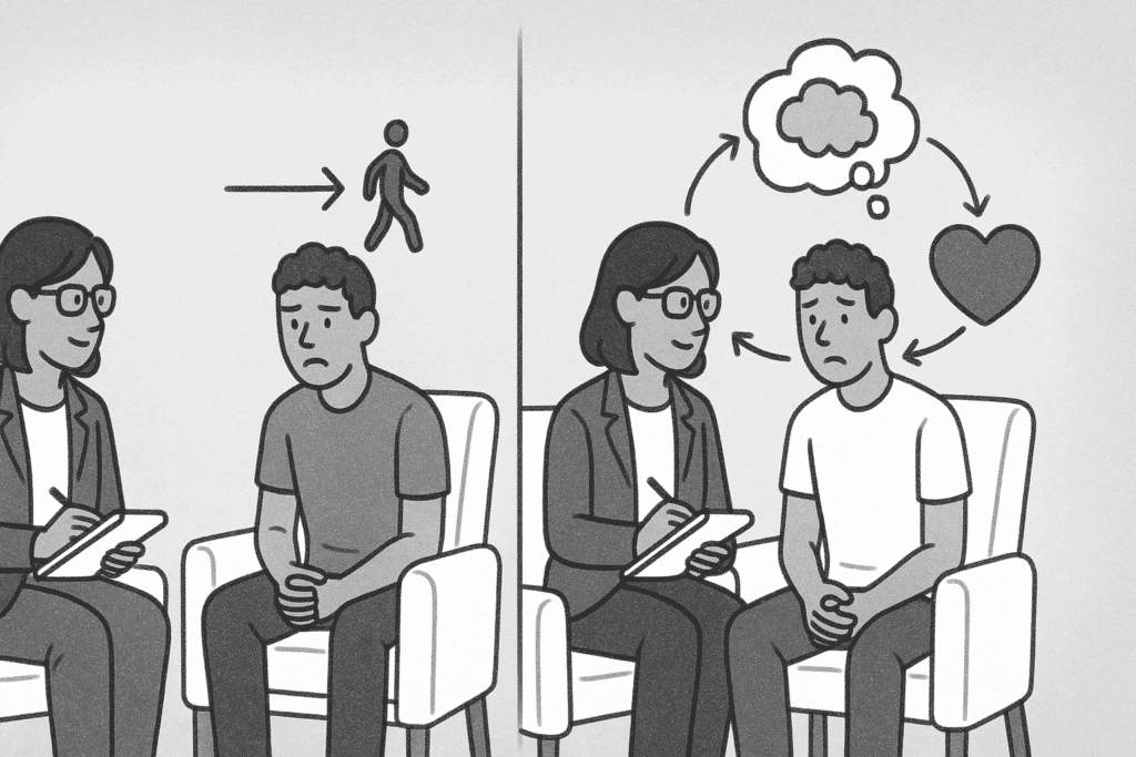 Side-by-side illustration showing the evolution from classical behavior therapy to cognitive-behavioral therapy, symbolizing the legacy of the founder of behavior therapy.