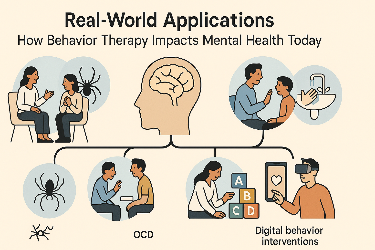 Infographic-style diagram showing modern therapies inspired by the founder of behavior therapy, including exposure therapy, OCD treatment, autism interventions, and digital mental health tools.