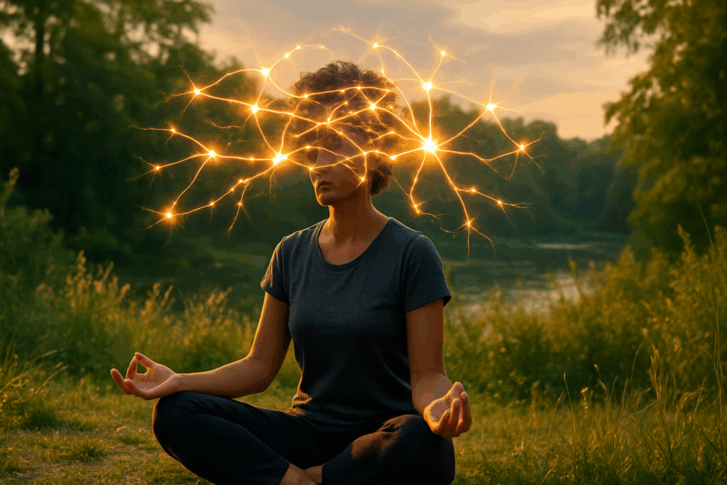Person meditating in a peaceful natural landscape with glowing neural pathways symbolizing how to rewire your brain for mental resilience