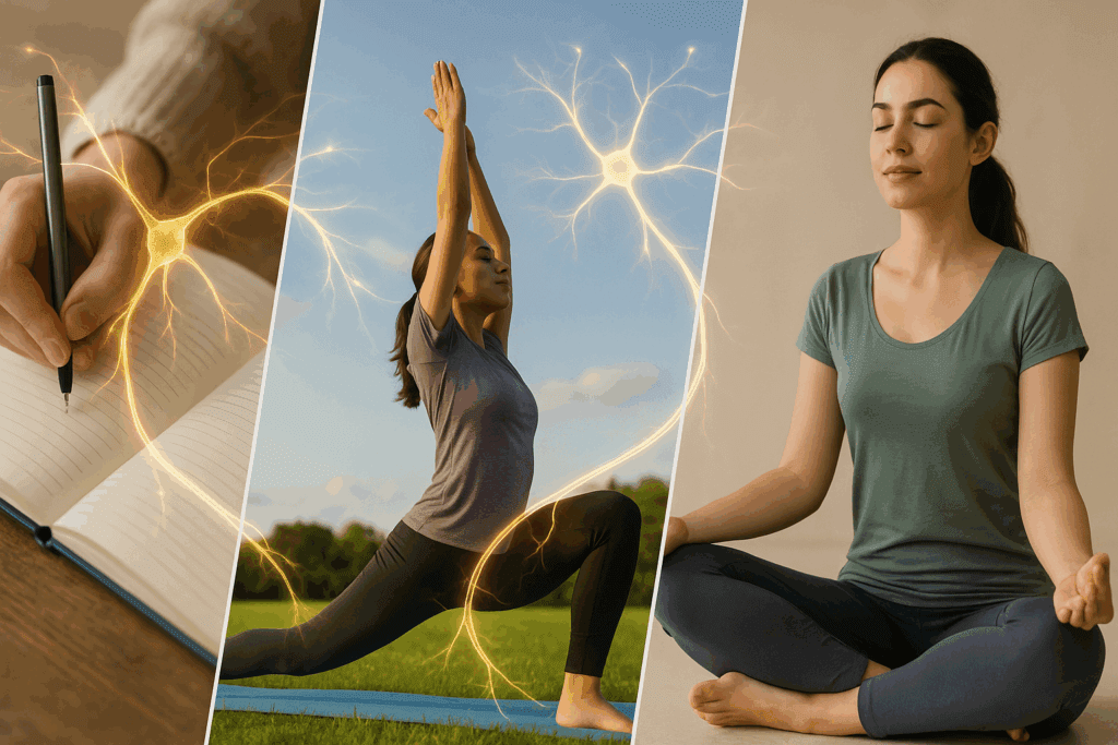 Collage of a person journaling, practicing yoga outdoors, and meditating, symbolizing daily habits to rewire your brain with glowing neural pathways.
