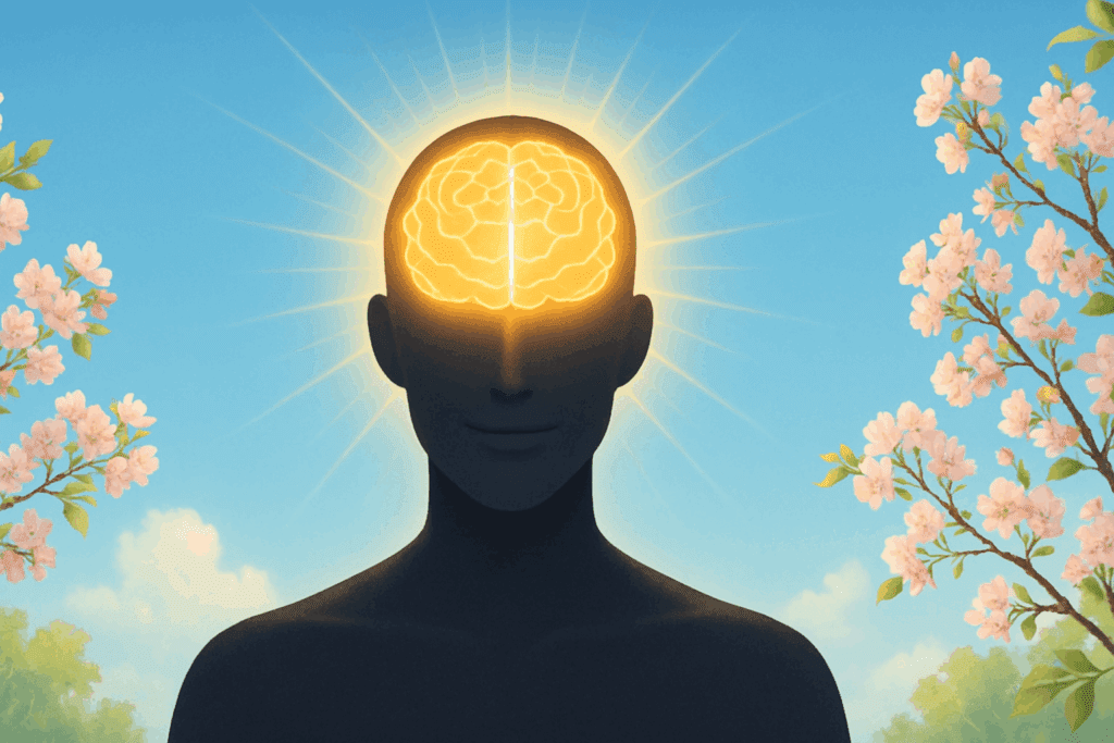 Silhouette of a person with a glowing brain radiating light, surrounded by blooming trees and clear skies, symbolizing emotional growth and the journey to rewire your brain.