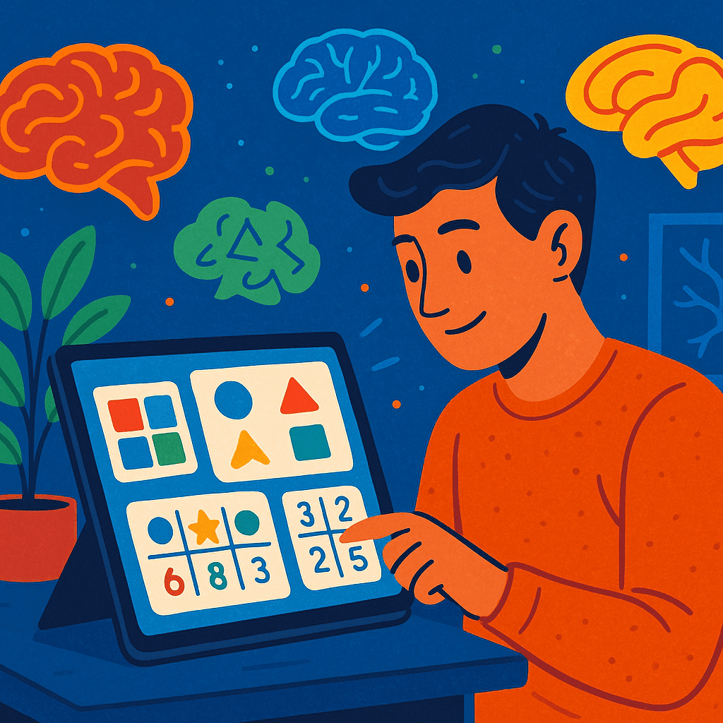 Adult playing colorful brain-training games on a tablet to rewire your brain by improving memory, attention, and focus in a lively science-themed setting.