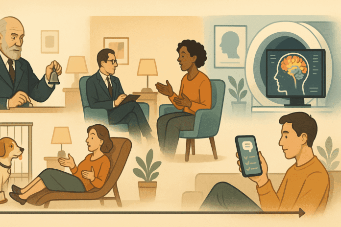 Visual timeline illustrating the origins of cognitive behavioral therapy with scenes from behaviorist experiments to modern digital treatmen