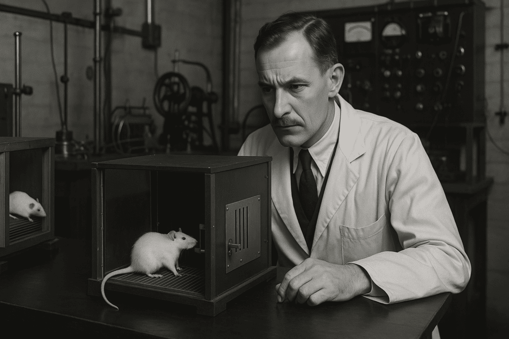 Psychologist observing a white rat in a Skinner box in a vintage lab, illustrating the origins of cognitive behavioral therapy through early behaviorist experiments.