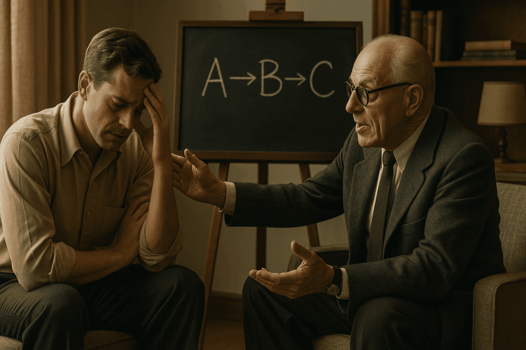 Therapist using ABC model with distressed client in a 1950s session, illustrating the origins of cognitive behavioral therapy