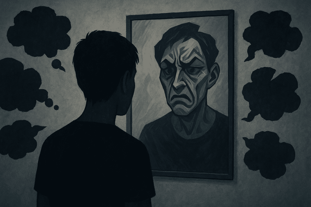 Person confronting distorted self-image in mirror, symbolizing automatic negative thoughts and the origins of cognitive behavioral therapy.