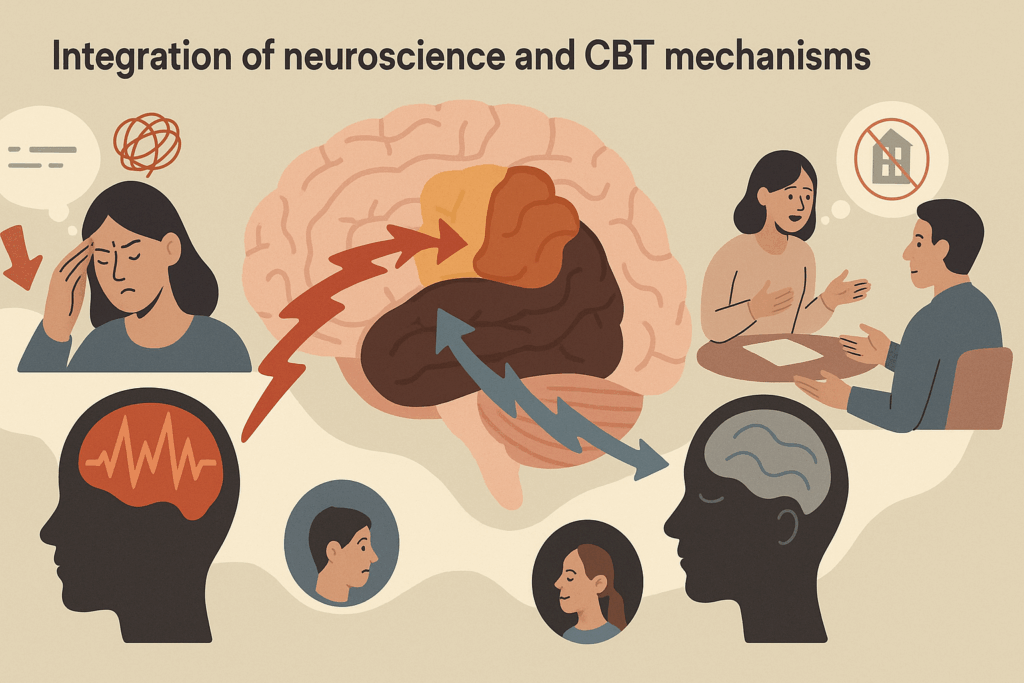 Visual infographic illustrating the origins of cognitive behavioral therapy with brain regions and stress-regulation mechanisms shown through CBT techniques