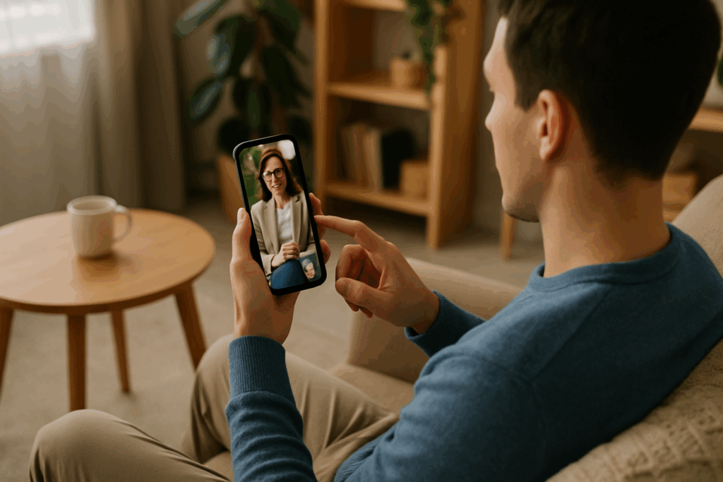 Person using a mobile therapy app in a cozy home setting during a virtual session, reflecting the origins of cognitive behavioral therapy in modern digital formats.