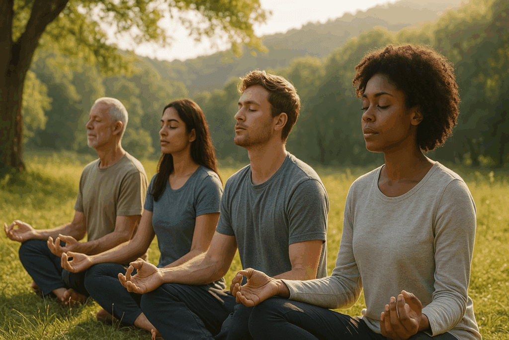 Diverse group meditating outdoors in a peaceful setting, symbolizing mindfulness roots in the origins of cognitive behavioral therapy