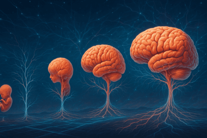 Scientific illustration showing the phases of brain development from fetus to adult with glowing neural connections in a futuristic landscape.
