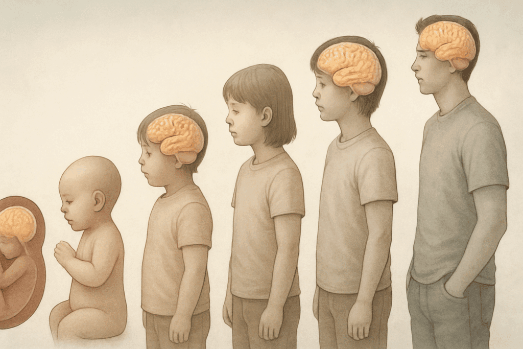 Scientific illustration showing six human figures from fetus to young adult, each with a transparent brain overlay highlighting the Phases of Brain Development