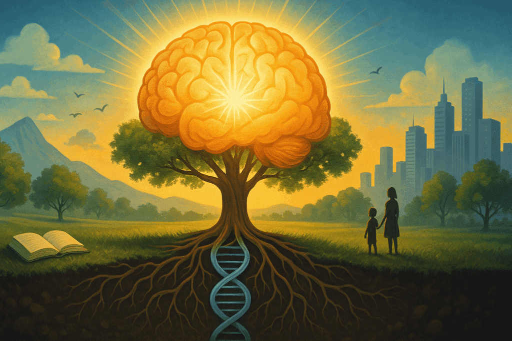 Symbolic tree with a glowing brain canopy, DNA helix roots, and environmental elements, representing the Phases of Brain Development.
