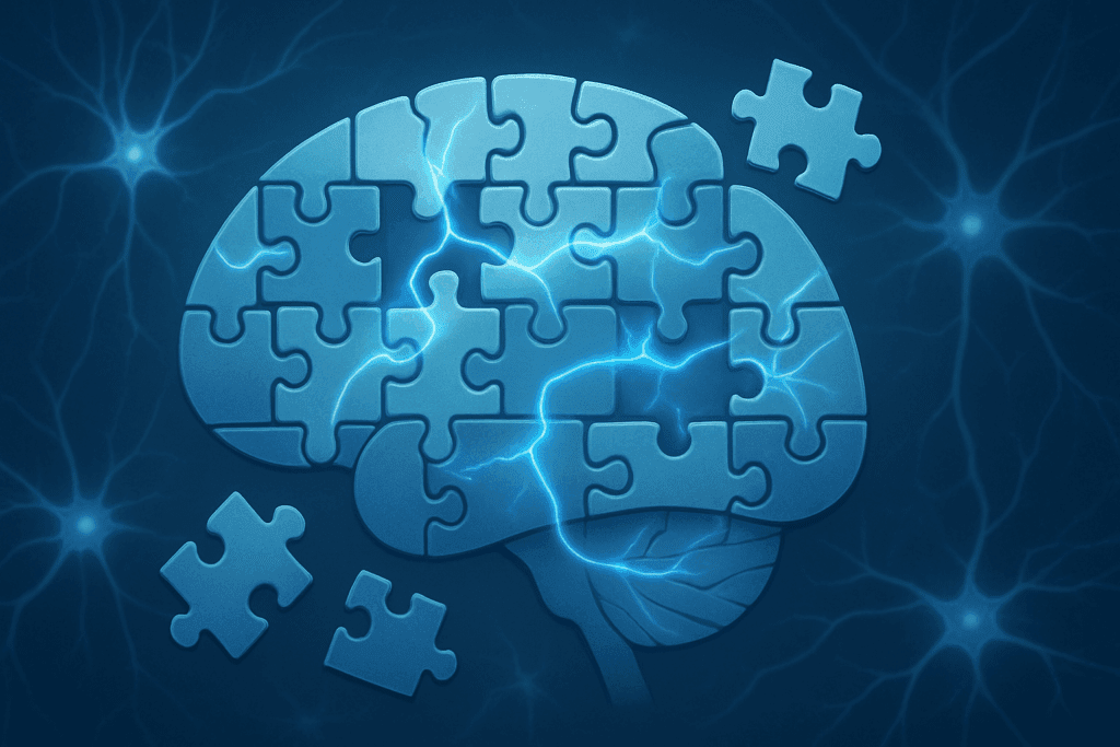 Conceptual illustration of the phases of brain development, showing a brain made of puzzle pieces with neural connections forming and reshaping.