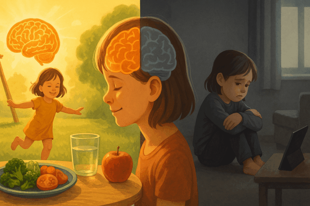 Split-scene illustration showing two phases of brain development in children—one thriving outdoors with healthy food and play, the other isolated indoors with reduced neural activity.