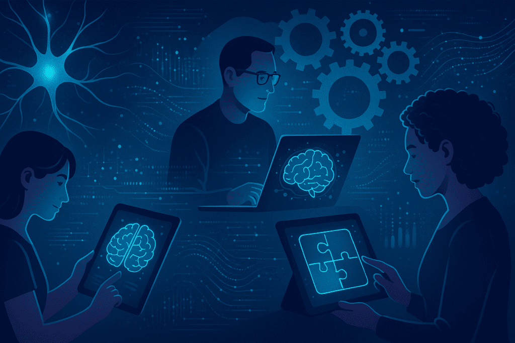 Adults using tablets and laptops for brain-training apps with digital neurons and gears representing top cognitive activities for adults