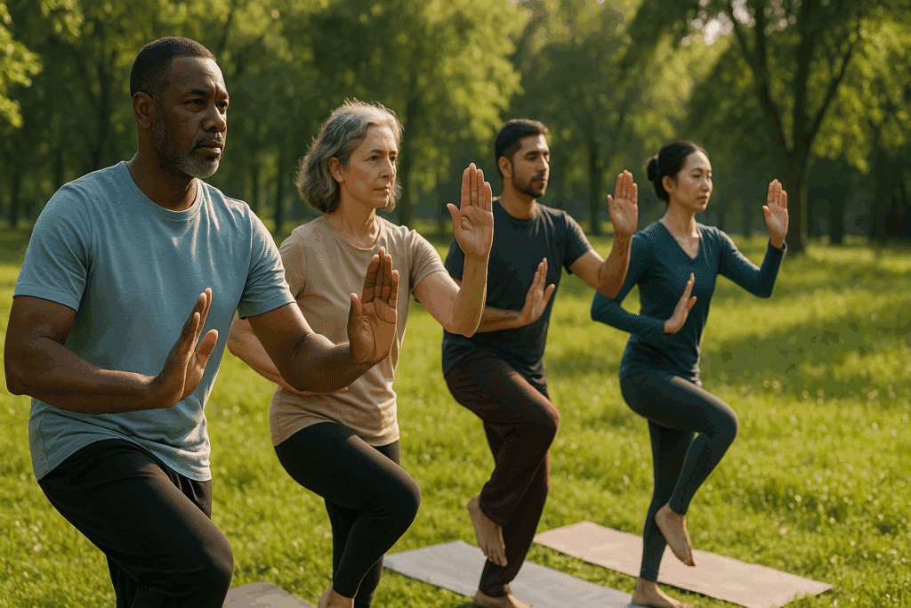 Group of diverse adults practicing Tai Chi in a serene outdoor setting, demonstrating synchronized movements as part of top cognitive activities for adults to enhance focus and mental well-being.