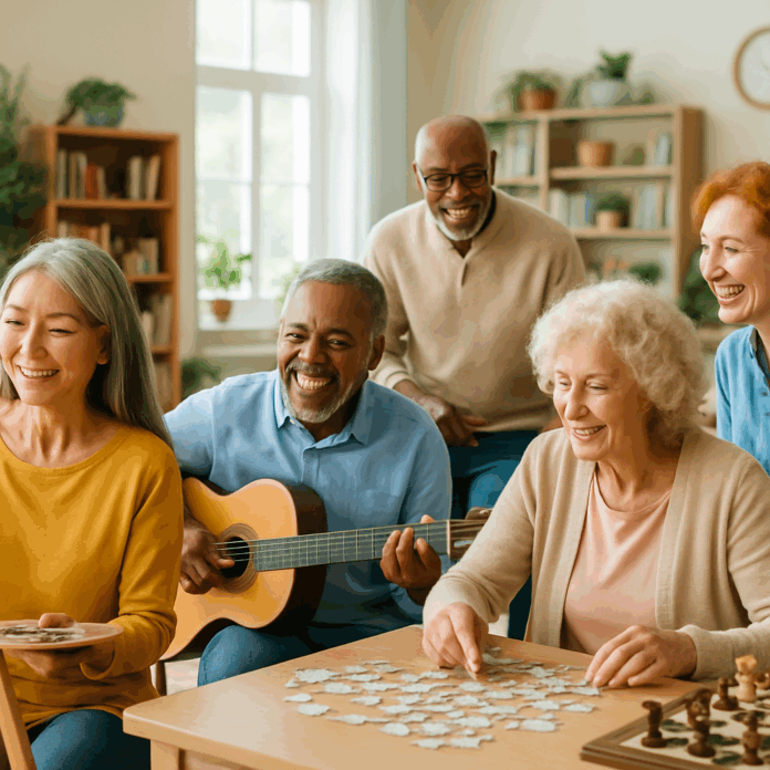 Diverse group of older adults enjoying top cognitive activities for adults like painting, puzzles, music, and chess in a bright community space.
