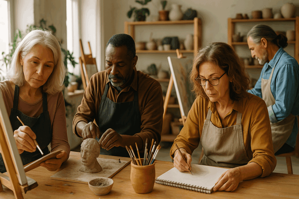 Midlife and older adults participating in a creative art workshop, engaged in painting, sculpting, and sketching. The group collaborates in a bright, natural-light-filled studio, embodying the Top Cognitive Activities for Adults to boost mental engagement and emotional fulfillment.